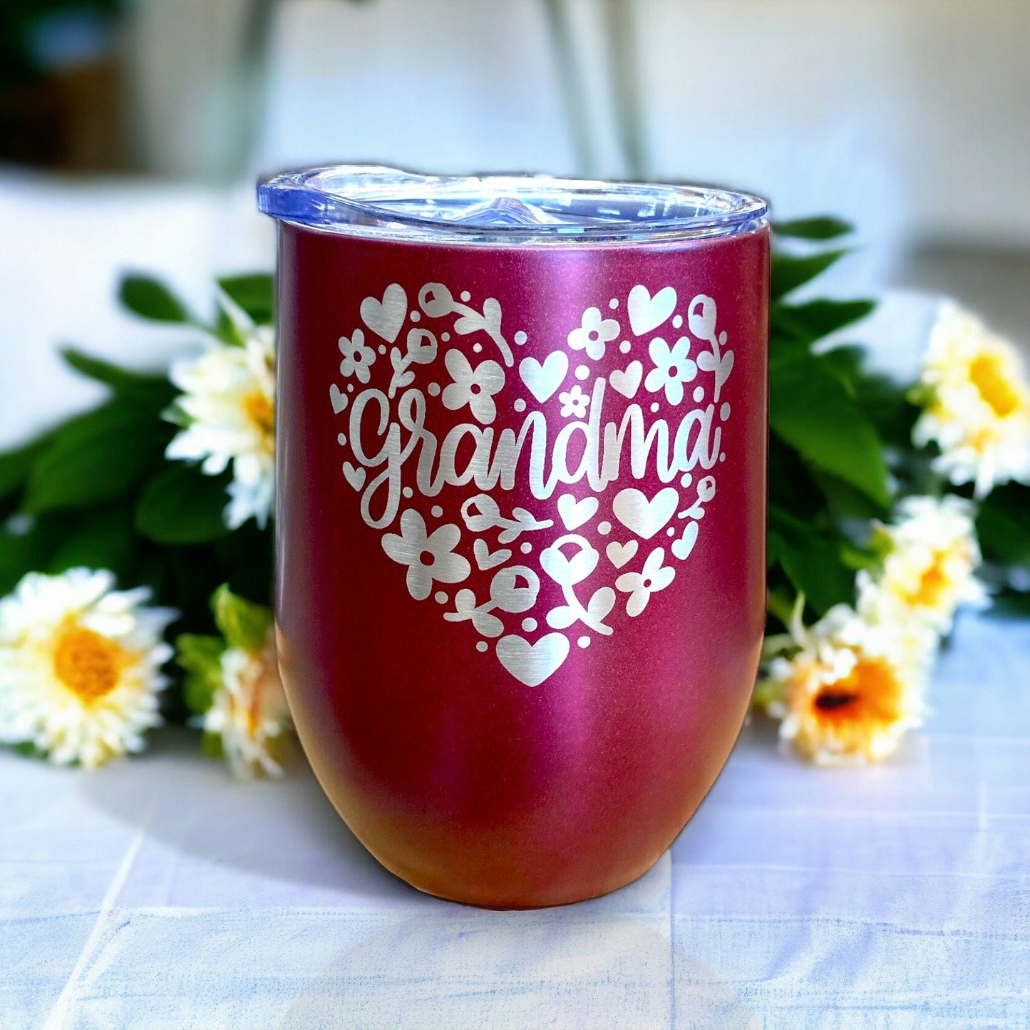 Grandma Gift Birthday Tumbler Coffee Mug, Heart Floral New Grandmother Present Wine Cup, Laser Engraved
