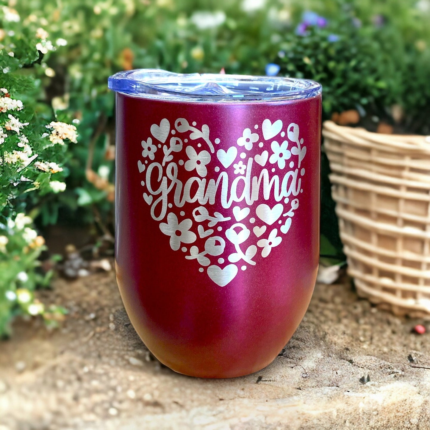 Grandma Gift Birthday Tumbler Coffee Mug, Heart Floral New Grandmother Present Wine Cup, Laser Engraved