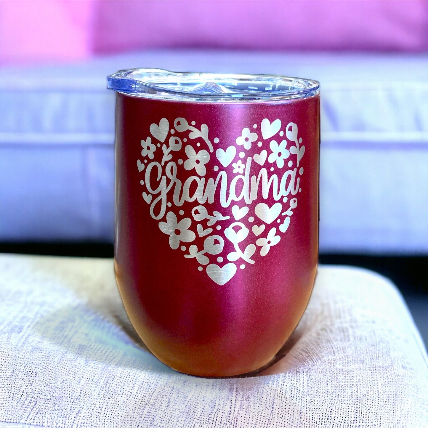 Grandma Gift Birthday Tumbler Coffee Mug, Heart Floral New Grandmother Present Wine Cup, Laser Engraved