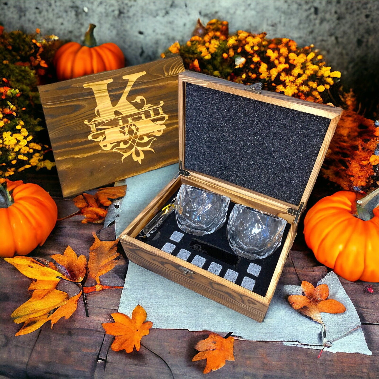 Personalized Whiskey Stones Glass Set Pine Wood Gift Box Girl Groomsmen Father Husband Gift