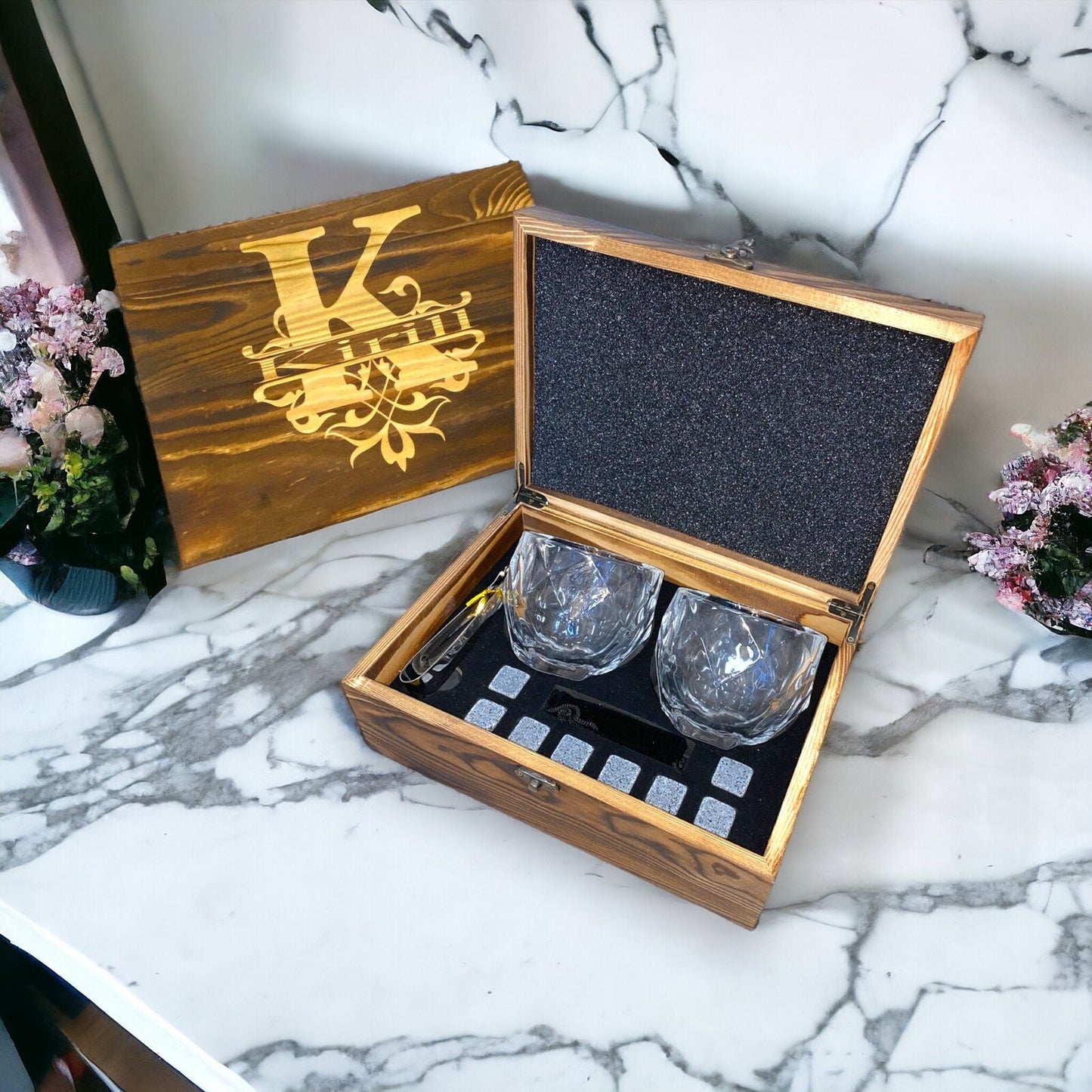 Personalized Whiskey Stones Glass Set Pine Wood Gift Box Girl Groomsmen Father Husband Gift