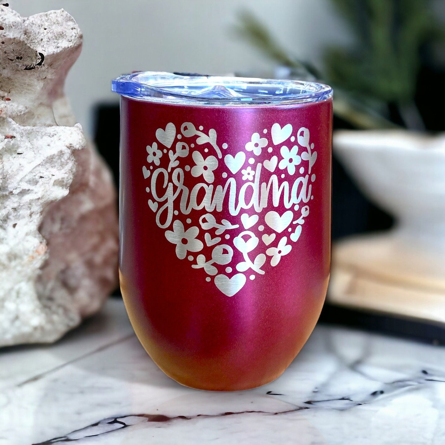 Grandma Gift Birthday Tumbler Coffee Mug, Heart Floral New Grandmother Present Wine Cup, Laser Engraved