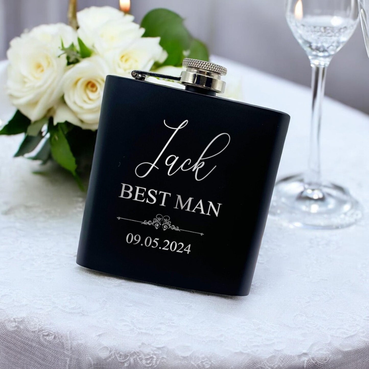 Personalized Groomsmen Flask Gift, Custom Black Flask for Wedding Party, Bachelor Party Gift