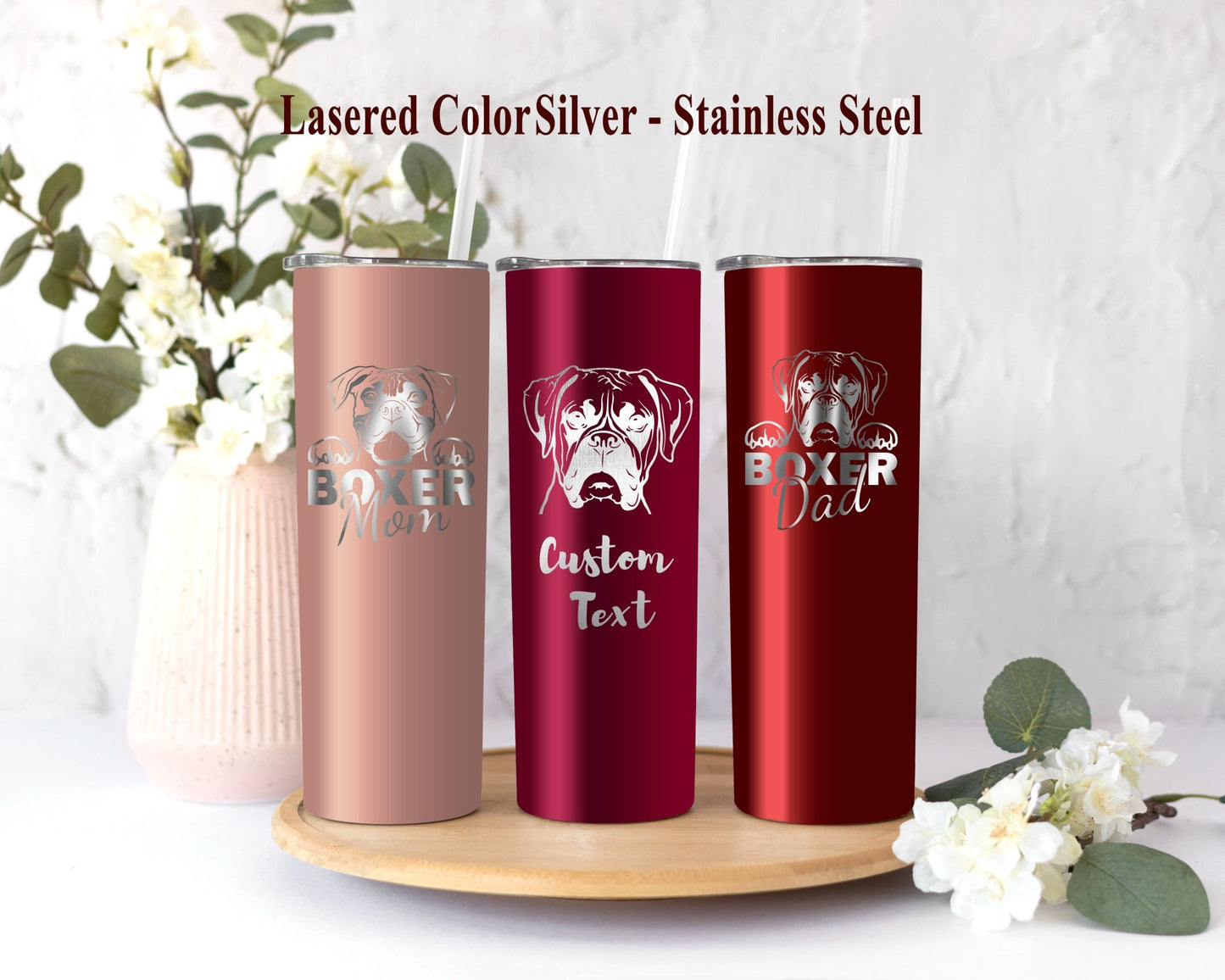 Boxer Dog Mom Dad Tumbler Lovers Dog Gift Skinny Vacuum Cup Laser Engraved