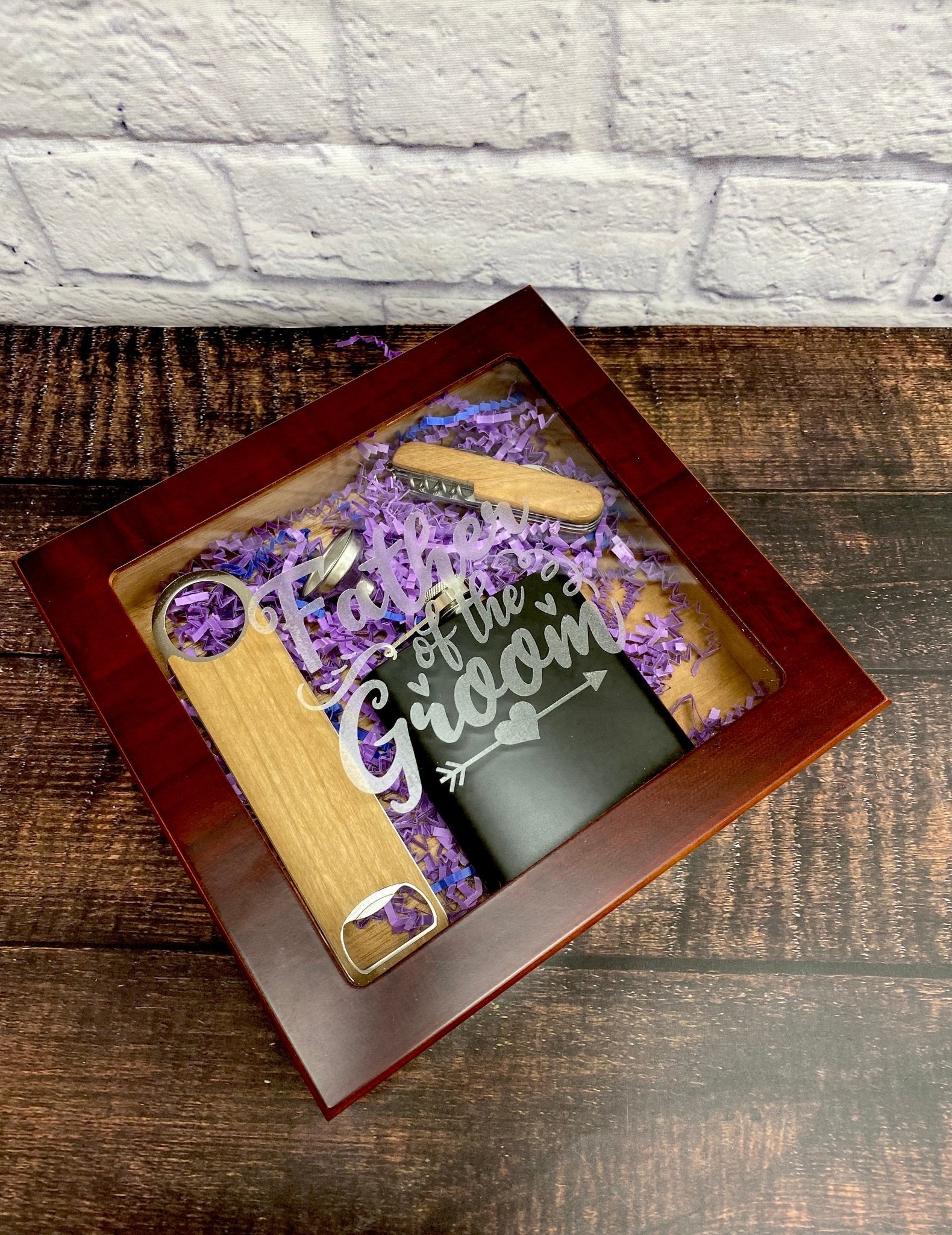 Father of the Groom Bride Gift Set Glasstop Humidor Flask Bottle Openers Personalized Custom Present