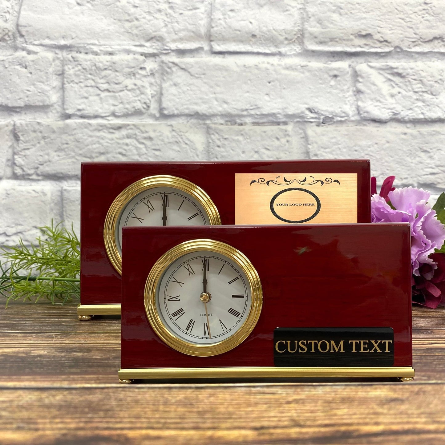 Personalized Clock Horizontal Desk Rosewood Piano Finish Laser Engraved Office Clock