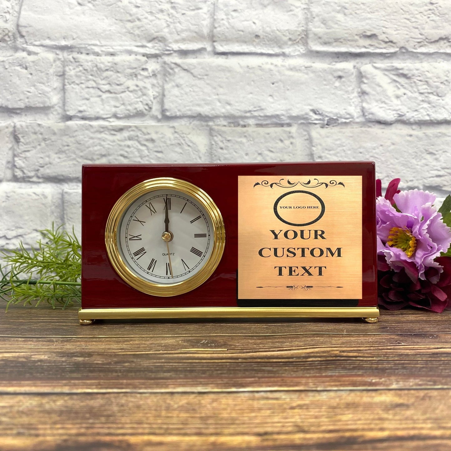 Personalized Clock Horizontal Desk Rosewood Piano Finish Laser Engraved Office Clock