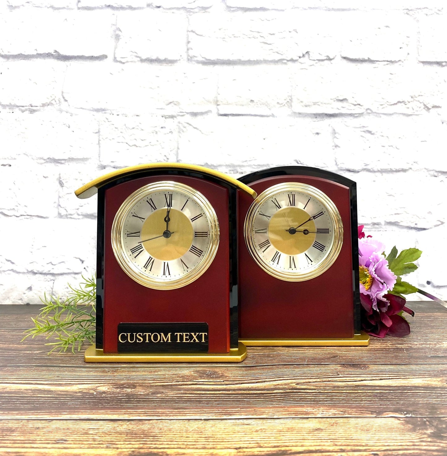 Personalized Desktop Clock Mahogany Finish, Engraved Office Clock Gift for Dad Grandpa