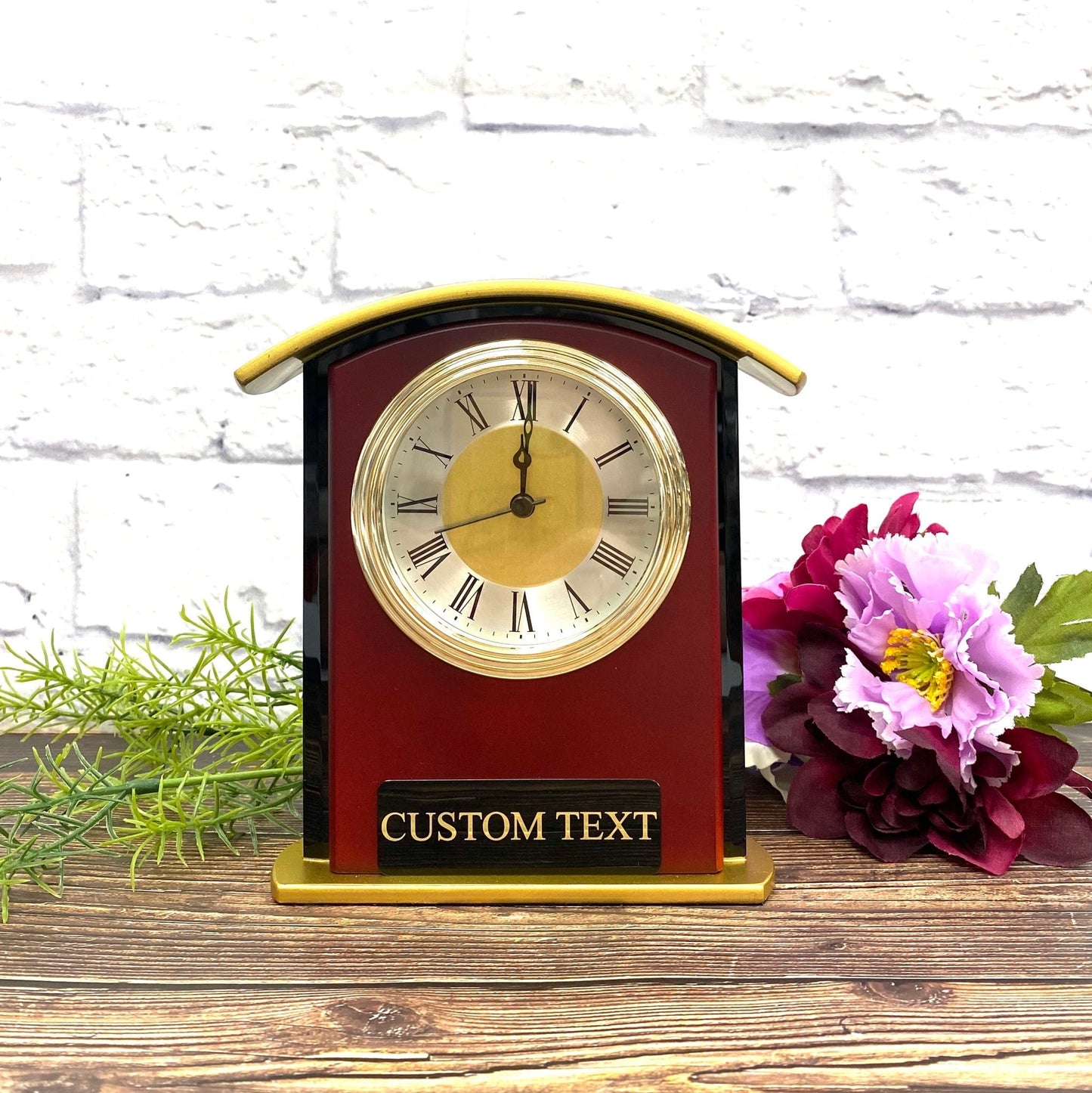 Personalized Desktop Clock Mahogany Finish, Engraved Office Clock Gift for Dad Grandpa