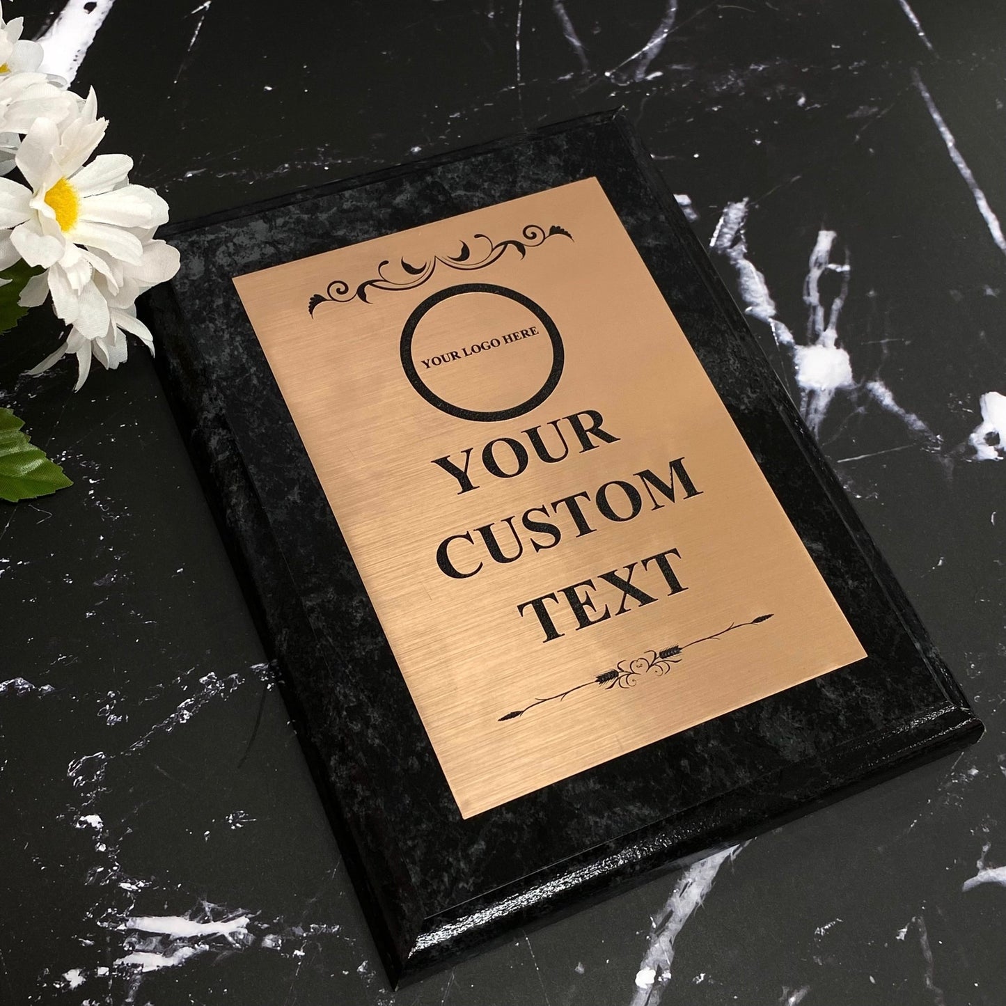 Personalized Plaque Engraved Custom Award Black Marble Finish Gold Silver Plaque
