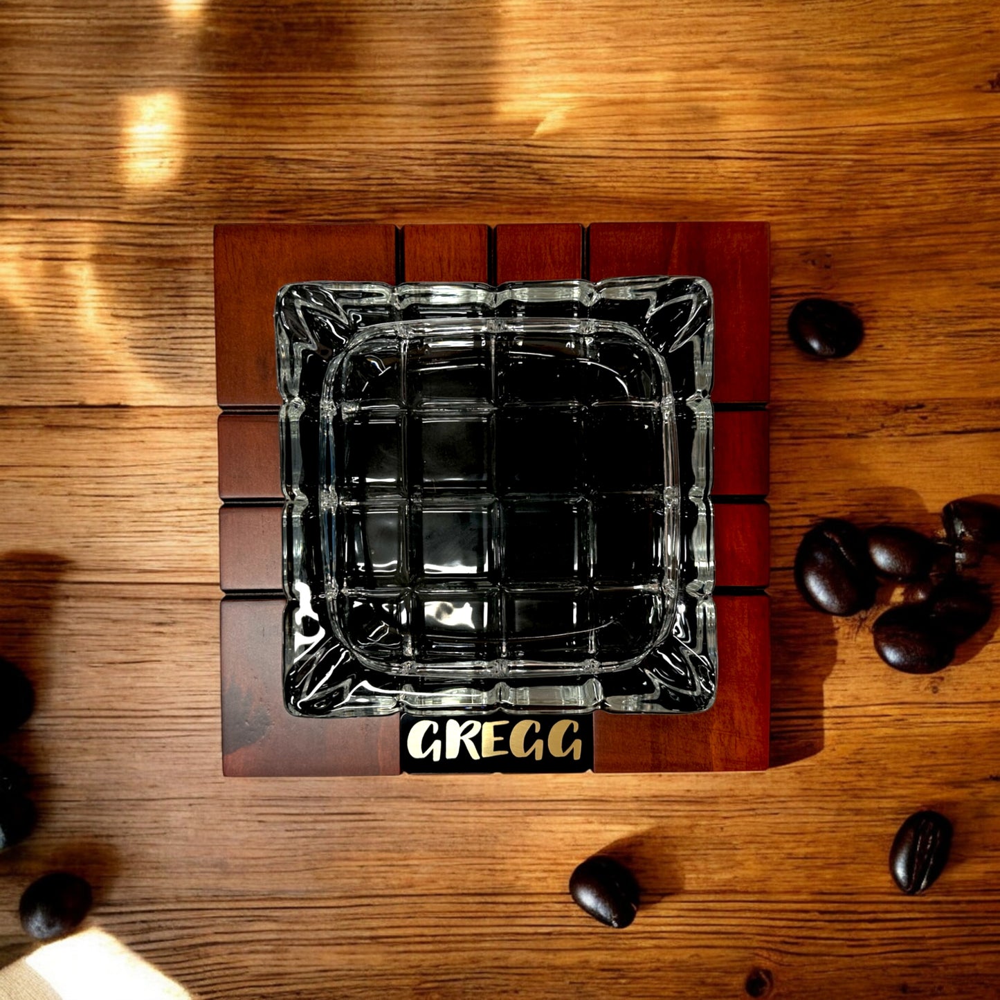 Personalized Cigar Ashtray Square Wood Glass Groomsman Dad Fathers Day Gift for Him