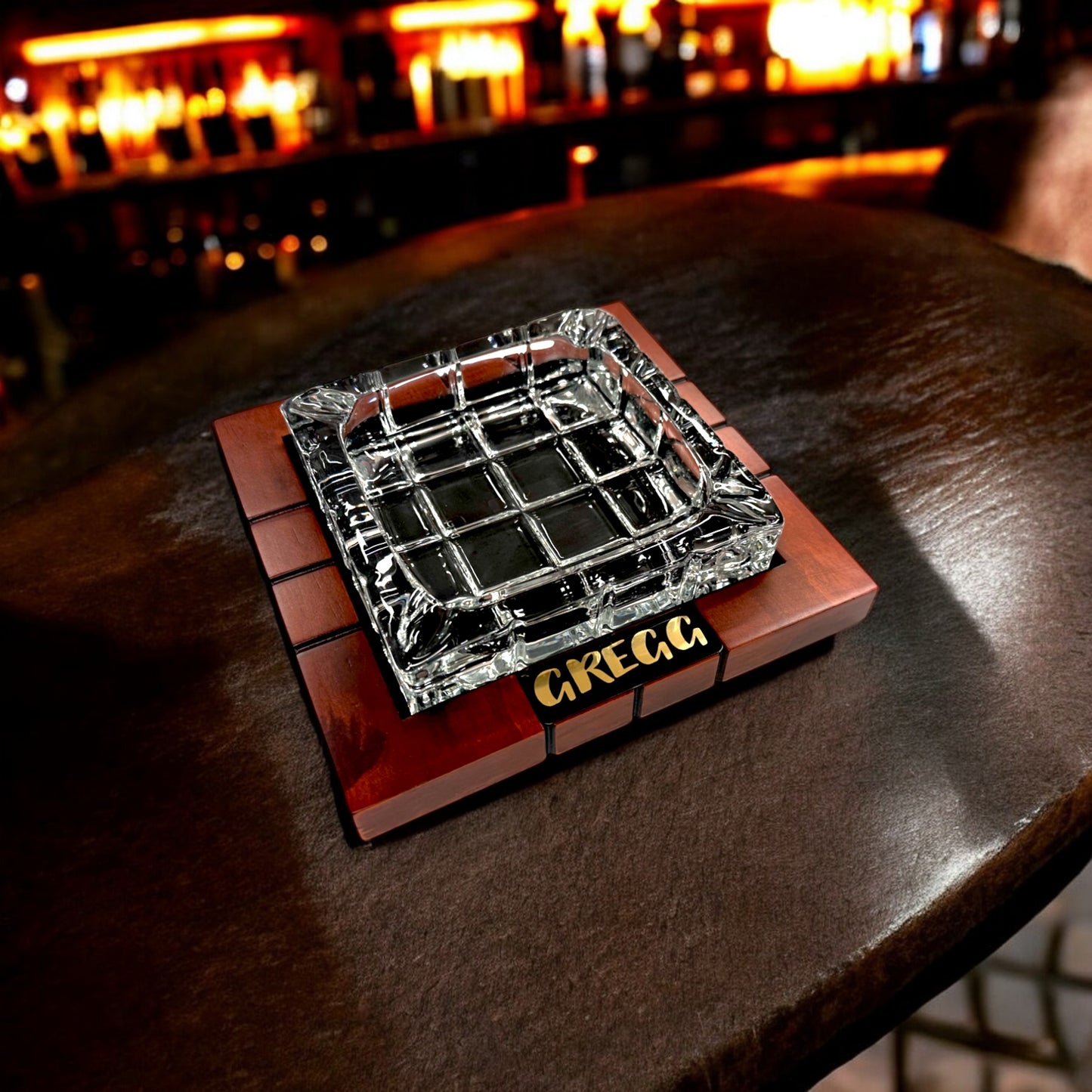 Personalized Cigar Ashtray Square Wood Glass Groomsman Dad Fathers Day Gift for Him