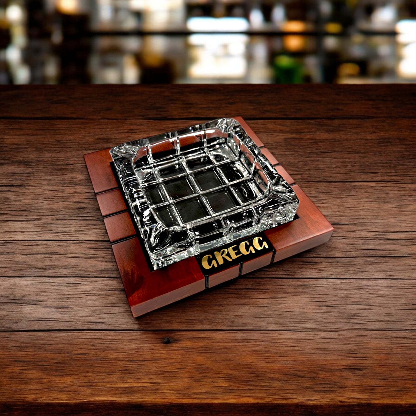 Personalized Cigar Ashtray Square Wood Glass Groomsman Dad Fathers Day Gift for Him