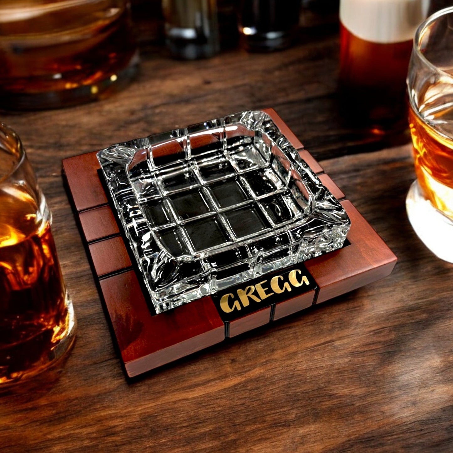 Personalized Cigar Ashtray Square Wood Glass Groomsman Dad Fathers Day Gift for Him