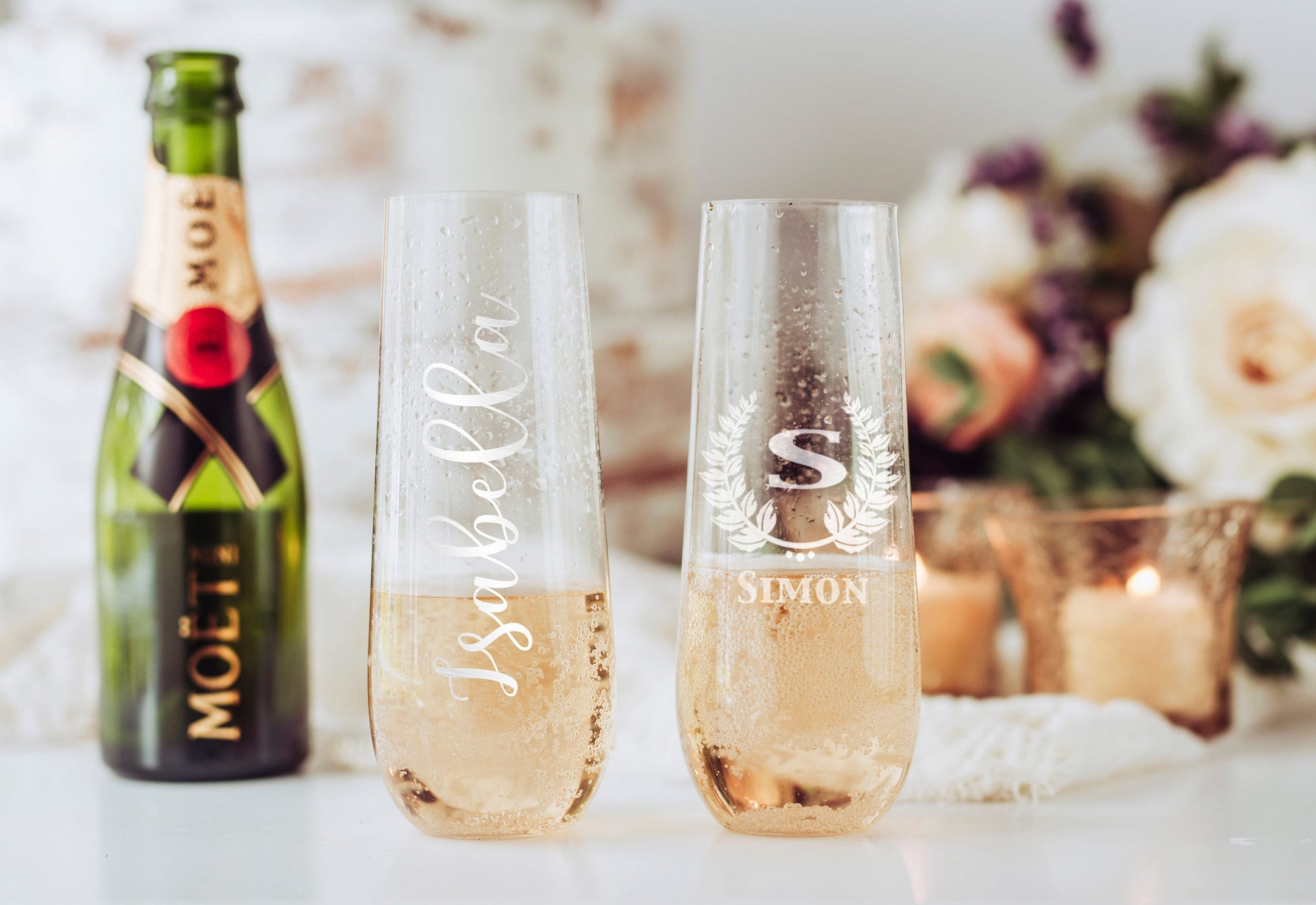 Personalized Champagne Glass Laser Engraved Etched Wedding Stemless Flute Gift for Her Him