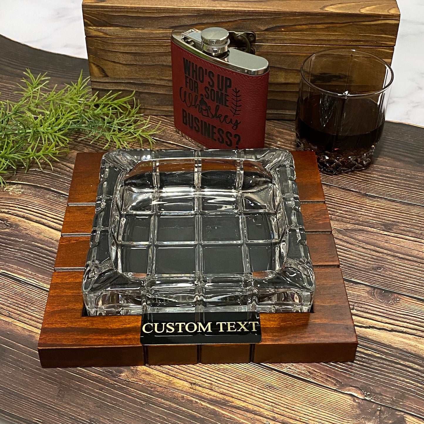 Personalized Cigar Ashtray Square Wood Glass Groomsman Dad Fathers Day Gift for Him