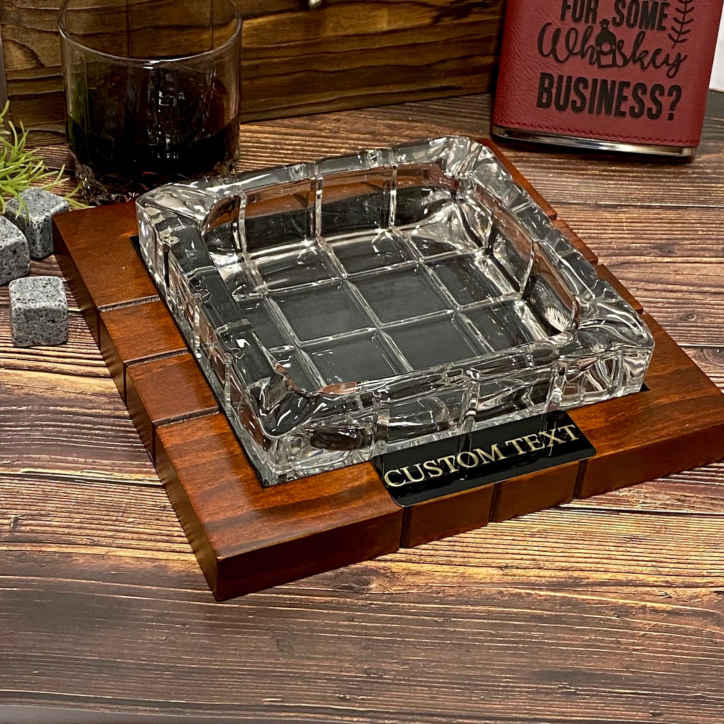 Personalized Cigar Ashtray Square Wood Glass Groomsman Dad Fathers Day Gift for Him