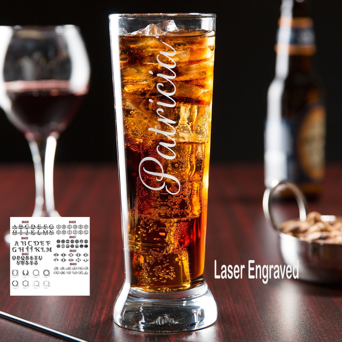 Custom Pilsner Beer or Parfait Glass Laser Engraved Etched Wedding Birthday Gift