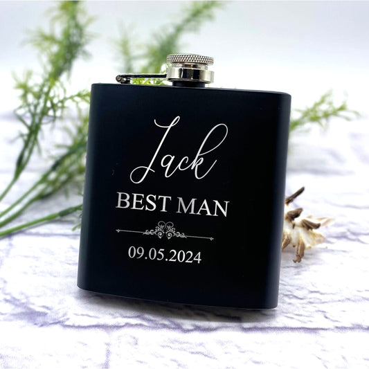 Personalized Groomsmen Flask Gift, Custom Black Flask for Wedding Party, Bachelor Party Gift