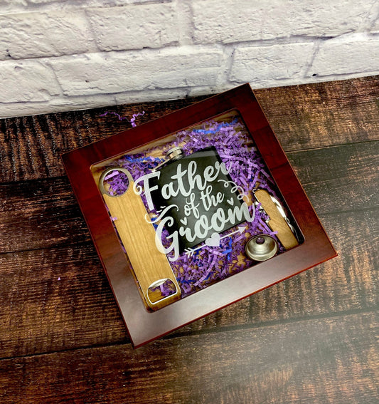 Father of the Groom Bride Gift Set Glasstop Humidor Flask Bottle Openers Personalized Custom Present