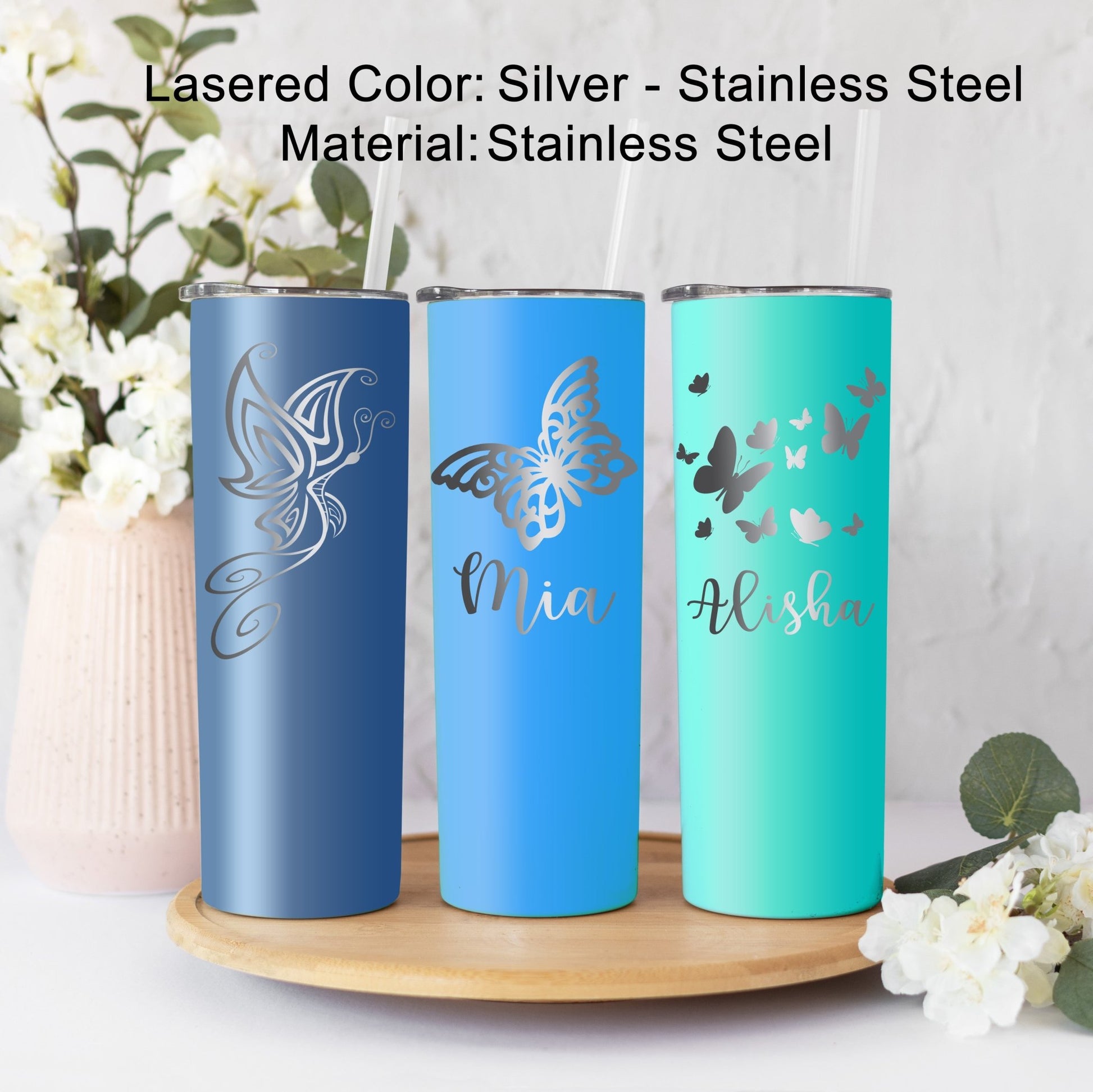 Personalized Butterfly Tumbler Skinny Cup Butterflies Lovers Gift Laser Engraved