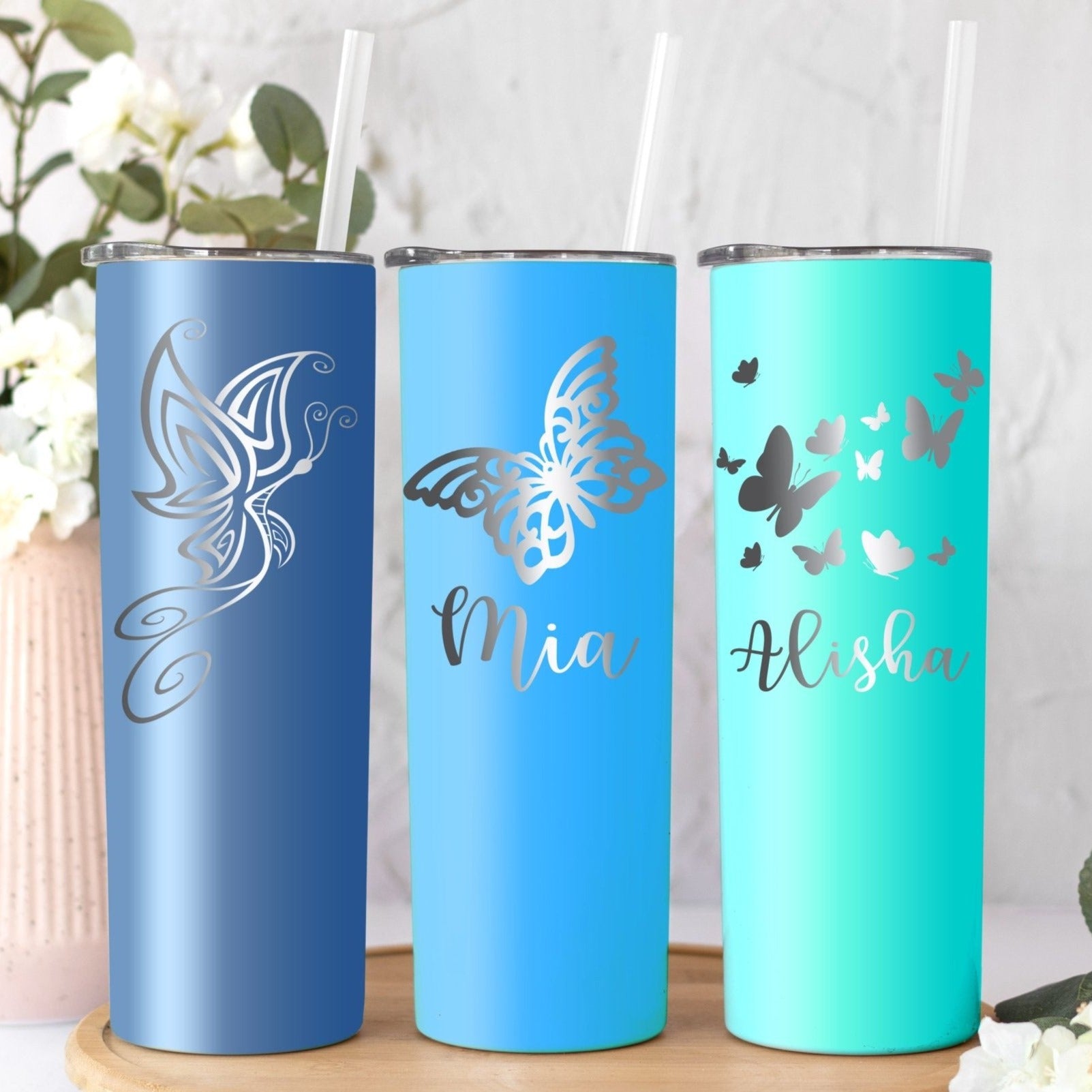 Personalized Butterfly Tumbler Skinny Cup Butterflies Lovers Gift Laser Engraved