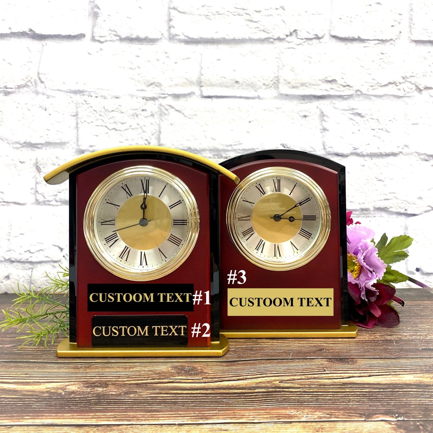 Personalized Desktop Clock Mahogany Finish, Engraved Office Clock Gift for Dad Grandpa