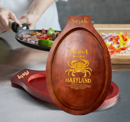 Personalized Oval Pine Wood Underliner for Cast Iron Skillet with Handle Mahogany Finish